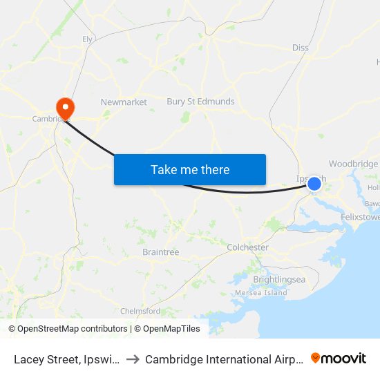 Lacey Street, Ipswich to Cambridge International Airport map