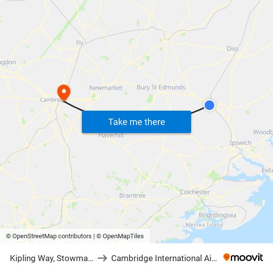 Kipling Way, Stowmarket to Cambridge International Airport map