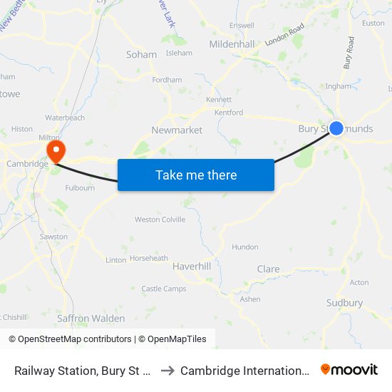 Railway Station, Bury St Edmunds to Cambridge International Airport map