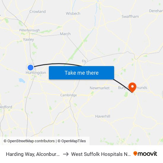 Harding Way, Alconbury Weald to West Suffolk Hospitals Nhs Trust map