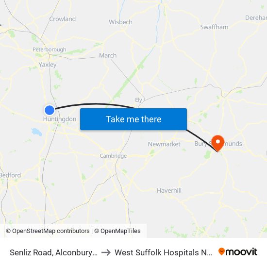 Senliz Road, Alconbury Weald to West Suffolk Hospitals Nhs Trust map