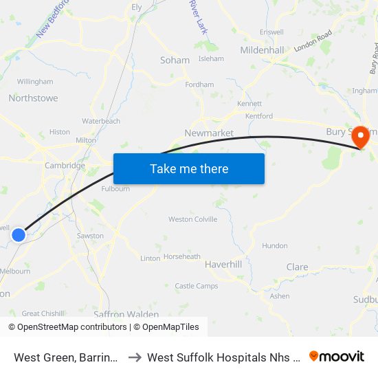 West Green, Barrington to West Suffolk Hospitals Nhs Trust map