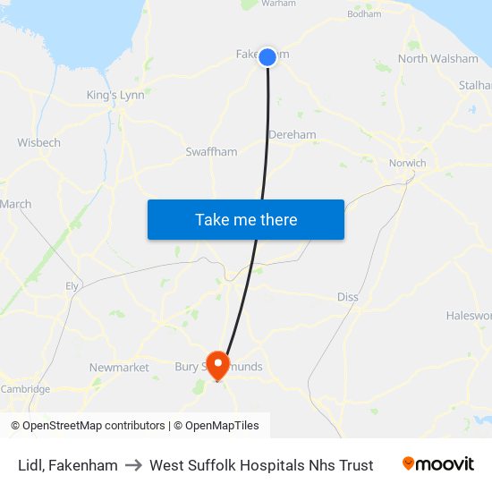 Lidl, Fakenham to West Suffolk Hospitals Nhs Trust map