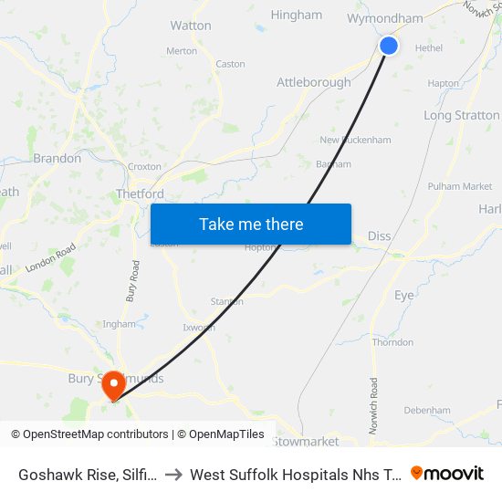 Goshawk Rise, Silfield to West Suffolk Hospitals Nhs Trust map