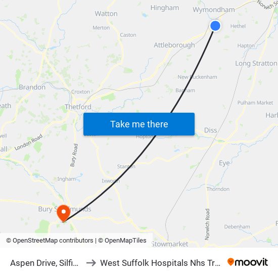 Aspen Drive, Silfield to West Suffolk Hospitals Nhs Trust map