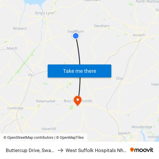 Buttercup Drive, Swaffham to West Suffolk Hospitals Nhs Trust map