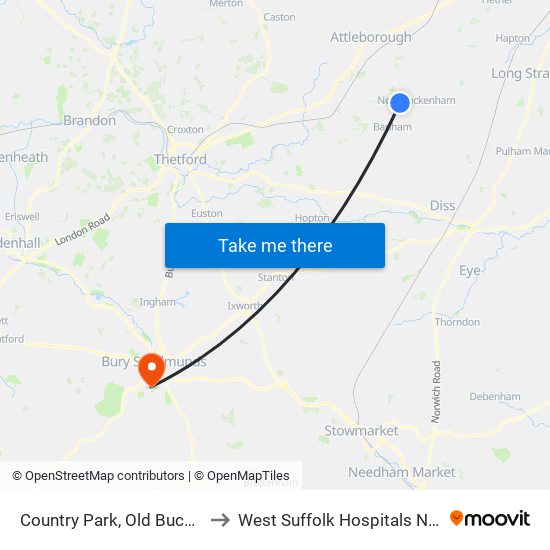 Country Park, Old Buckenham to West Suffolk Hospitals Nhs Trust map