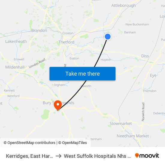 Kerridges, East Harling to West Suffolk Hospitals Nhs Trust map