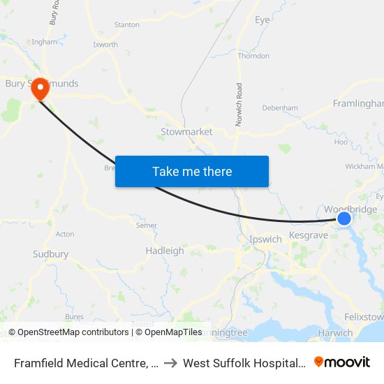Framfield Medical Centre, Woodbridge to West Suffolk Hospitals Nhs Trust map