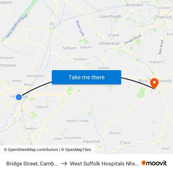 Bridge Street, Cambridge to West Suffolk Hospitals Nhs Trust map