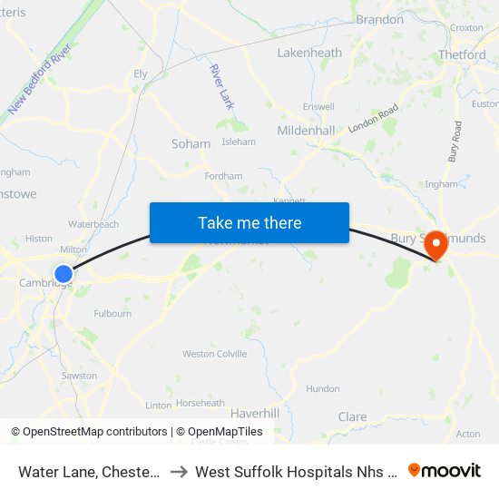 Water Lane, Chesterton to West Suffolk Hospitals Nhs Trust map