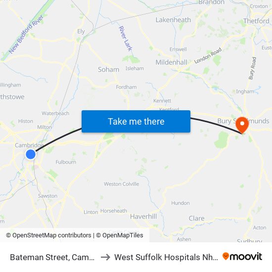 Bateman Street, Cambridge to West Suffolk Hospitals Nhs Trust map