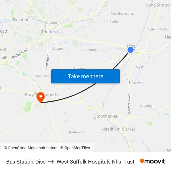 Bus Station, Diss to West Suffolk Hospitals Nhs Trust map