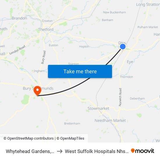 Whytehead Gardens, Diss to West Suffolk Hospitals Nhs Trust map