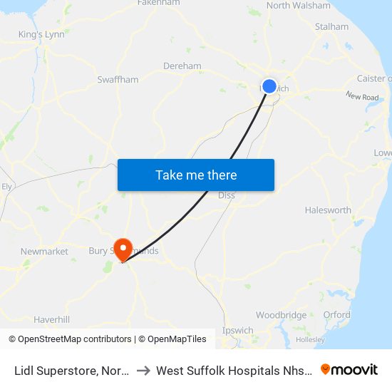 Lidl Superstore, Norwich to West Suffolk Hospitals Nhs Trust map