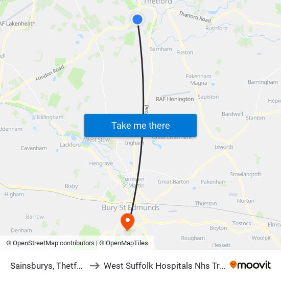 Sainsburys, Thetford to West Suffolk Hospitals Nhs Trust map