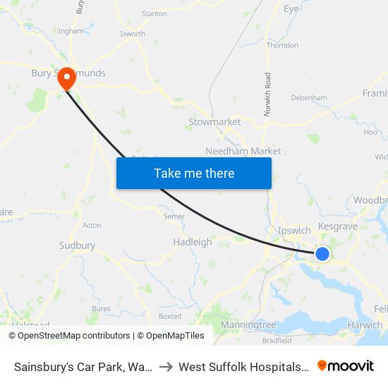 Sainsbury's Car Park, Warren Heath to West Suffolk Hospitals Nhs Trust map