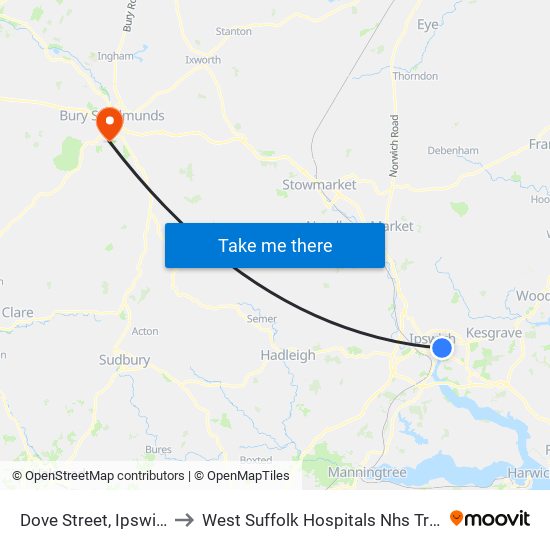 Dove Street, Ipswich to West Suffolk Hospitals Nhs Trust map