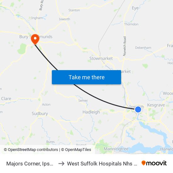 Majors Corner, Ipswich to West Suffolk Hospitals Nhs Trust map