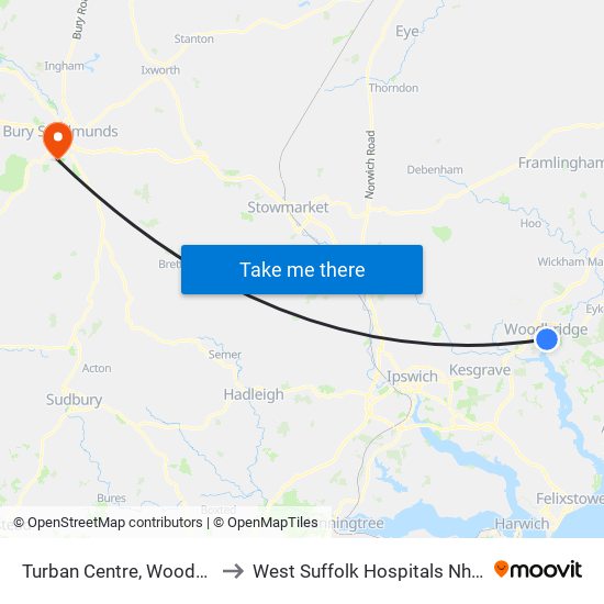 Turban Centre, Woodbridge to West Suffolk Hospitals Nhs Trust map