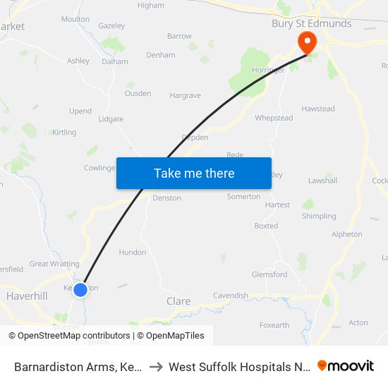 Barnardiston Arms, Kedington to West Suffolk Hospitals Nhs Trust map