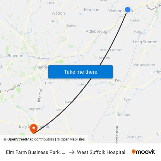 Elm Farm Business Park, Wymondham to West Suffolk Hospitals Nhs Trust map