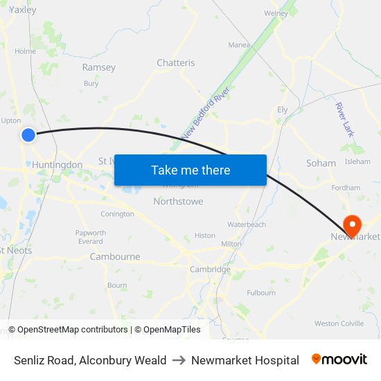 Senliz Road, Alconbury Weald to Newmarket Hospital map