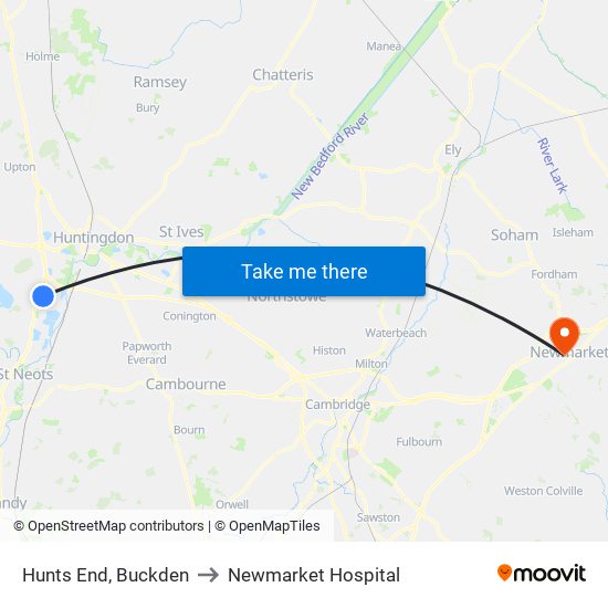 Hunts End, Buckden to Newmarket Hospital map