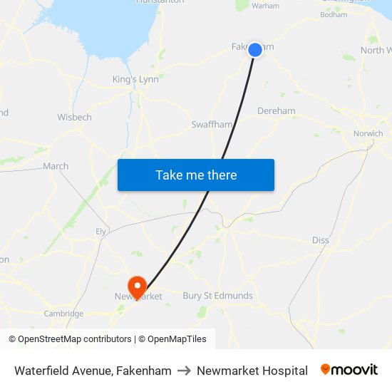 Waterfield Avenue, Fakenham to Newmarket Hospital map