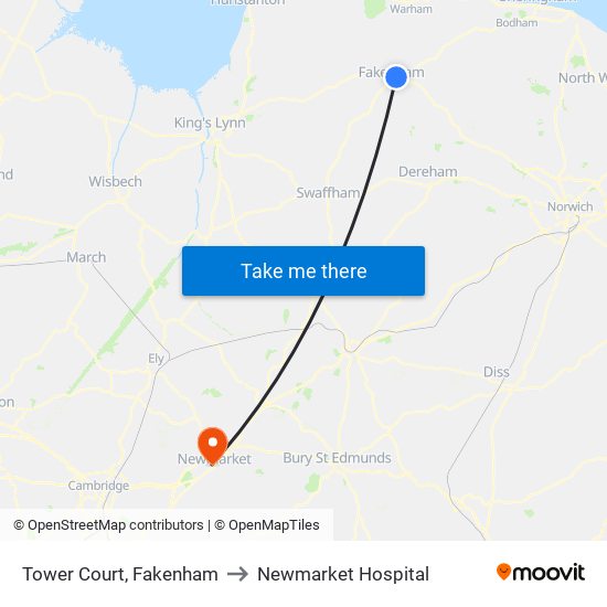 Tower Court, Fakenham to Newmarket Hospital map