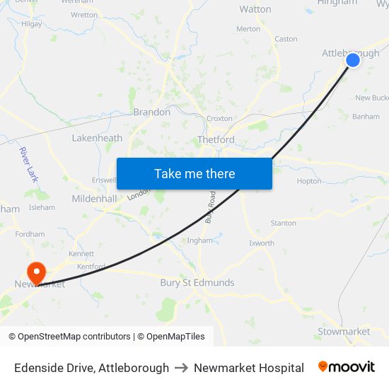 Edenside Drive, Attleborough to Newmarket Hospital map
