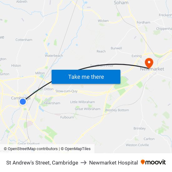 St Andrew's Street, Cambridge to Newmarket Hospital map