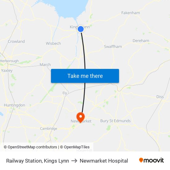 Railway Station, Kings Lynn to Newmarket Hospital map