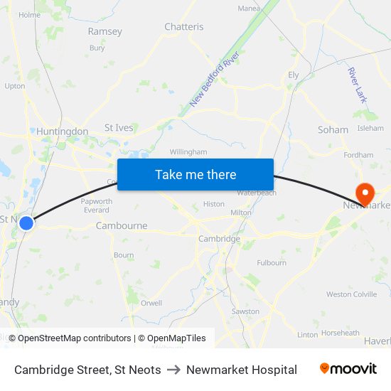 Cambridge Street, St Neots to Newmarket Hospital map