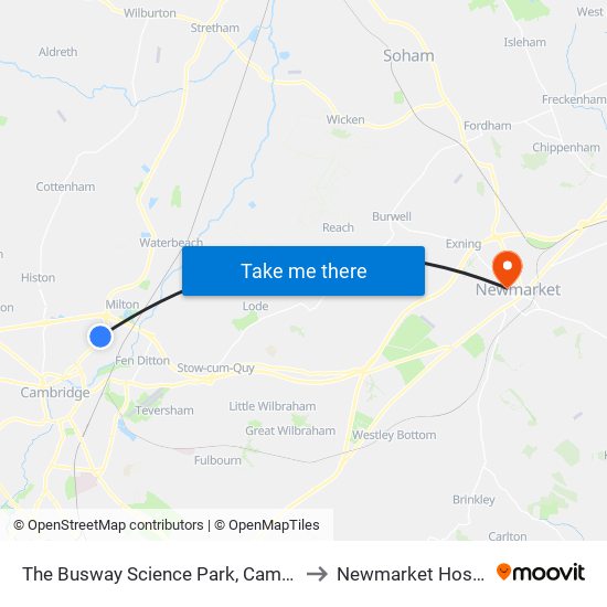 The Busway Science Park, Cambridge to Newmarket Hospital map