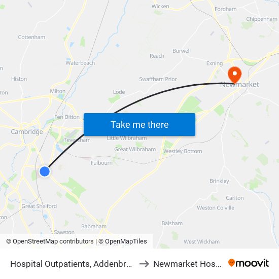 Hospital Outpatients, Addenbrookes to Newmarket Hospital map