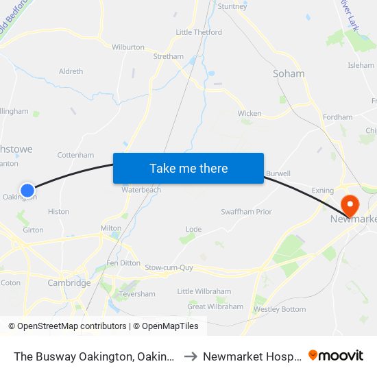 The Busway Oakington, Oakington to Newmarket Hospital map