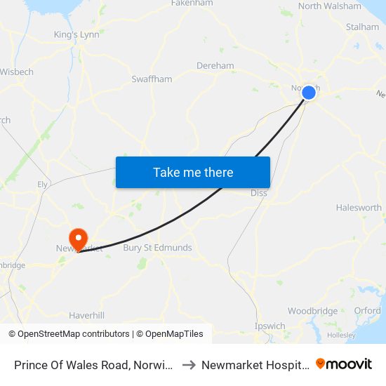 Prince Of Wales Road, Norwich to Newmarket Hospital map