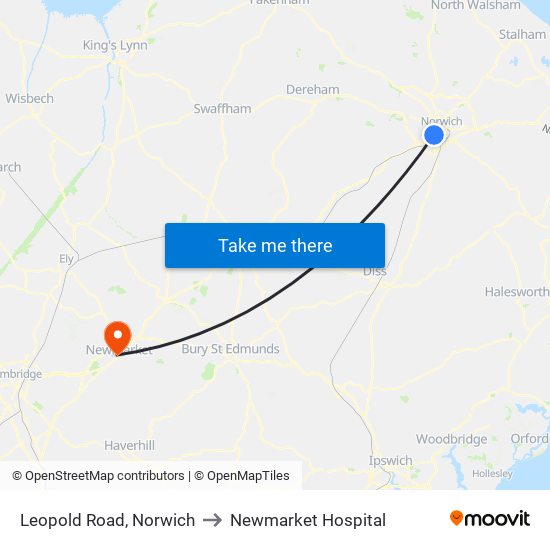 Leopold Road, Norwich to Newmarket Hospital map