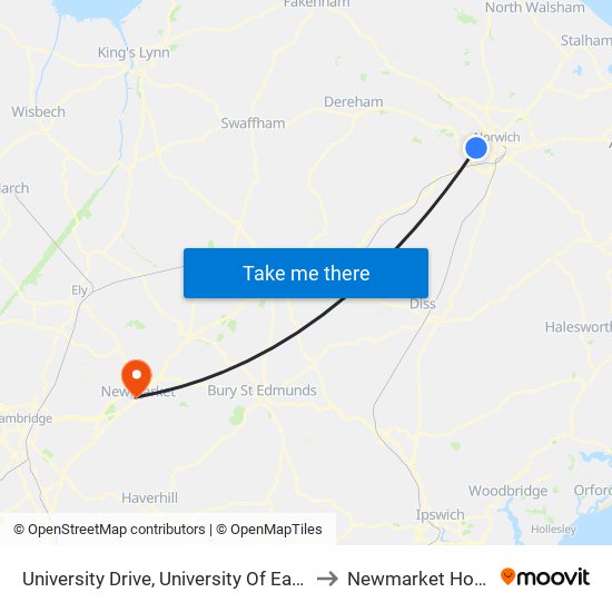 University Drive, University Of East Anglia to Newmarket Hospital map