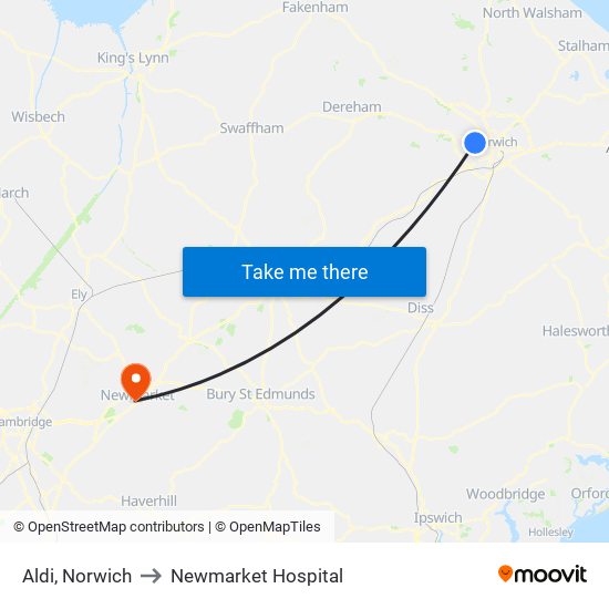 Aldi, Norwich to Newmarket Hospital map