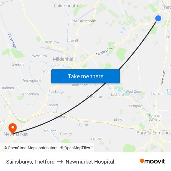 Sainsburys, Thetford to Newmarket Hospital map