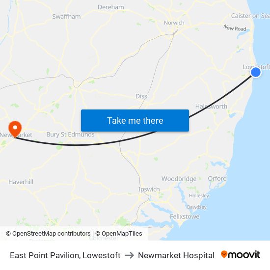 East Point Pavilion, Lowestoft to Newmarket Hospital map