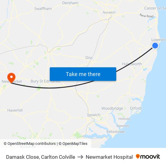 Damask Close, Carlton Colville to Newmarket Hospital map