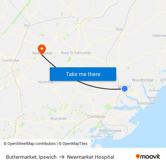 Buttermarket, Ipswich to Newmarket Hospital map