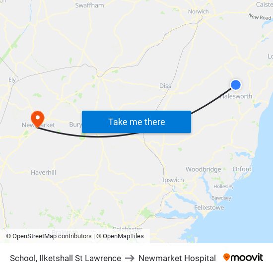 School, Ilketshall St Lawrence to Newmarket Hospital map