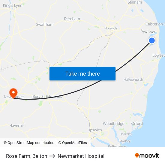 Rose Farm, Belton to Newmarket Hospital map