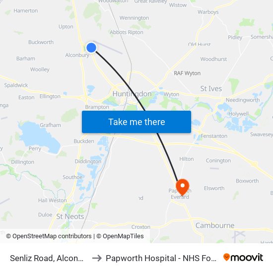 Senliz Road, Alconbury Weald to Papworth Hospital - NHS Foundation Trust map