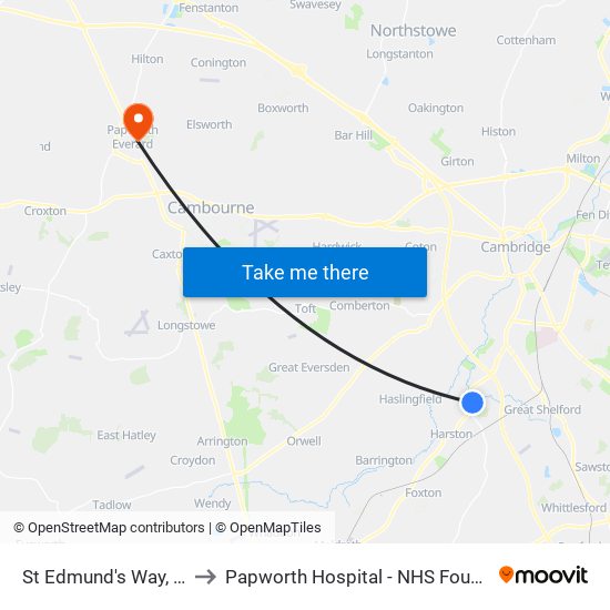 St Edmund's Way, Hauxton to Papworth Hospital - NHS Foundation Trust map
