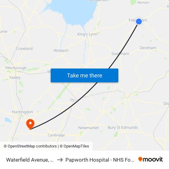 Waterfield Avenue, Fakenham to Papworth Hospital - NHS Foundation Trust map